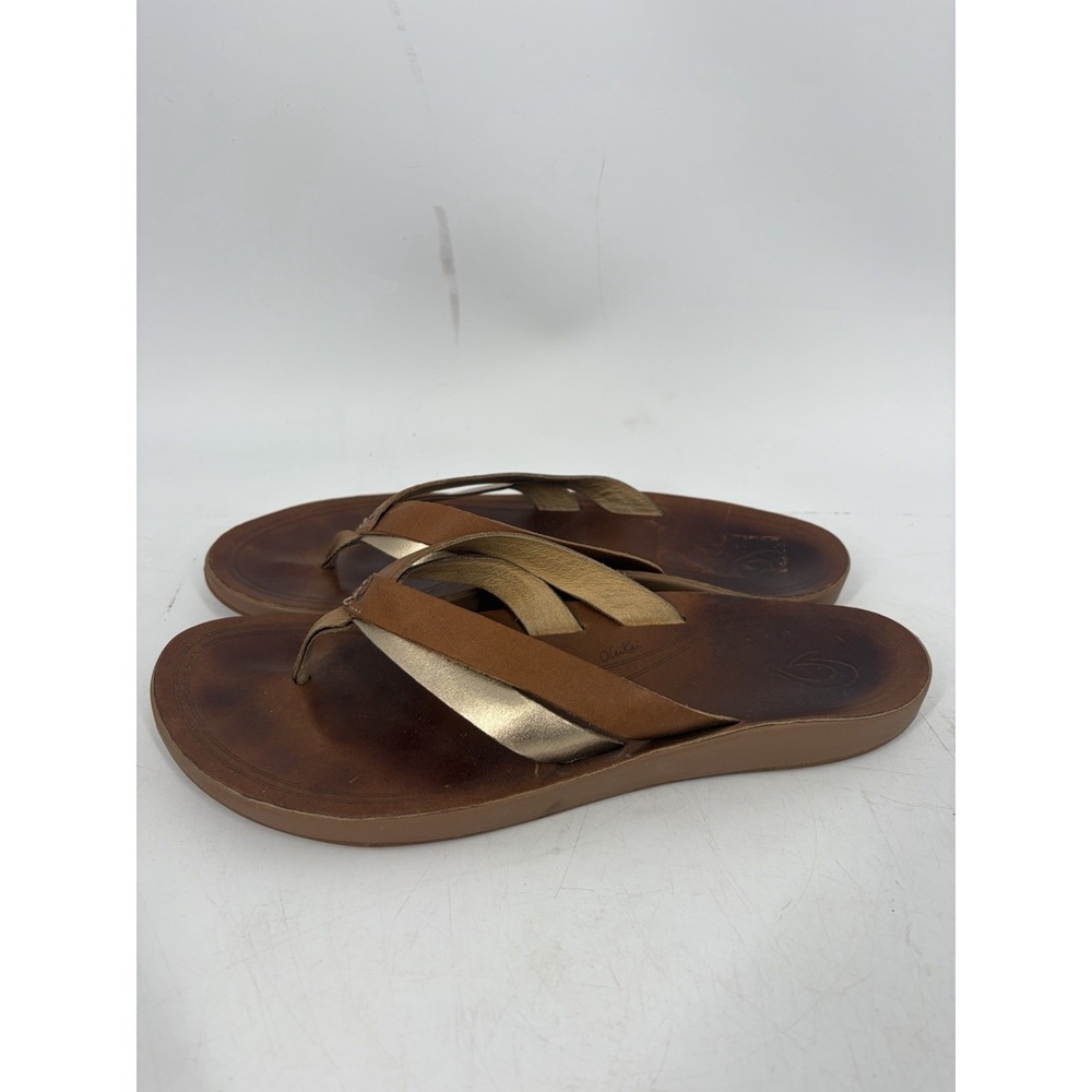 OluKai Kaekae Brown Leather Thong Slide In Sandals Womens Size 10 - Picture 4 of 10